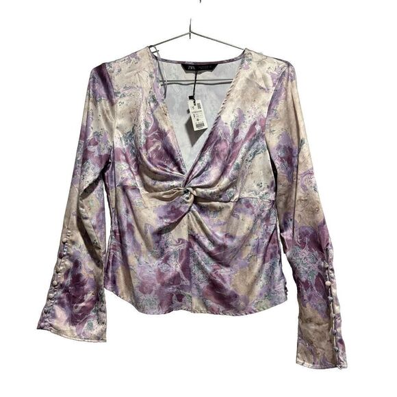 Zara Blouse lilac Pastle Watercolor SMAL Abstract Twist Front V Neck Long Sleeve - Picture 2 of 13